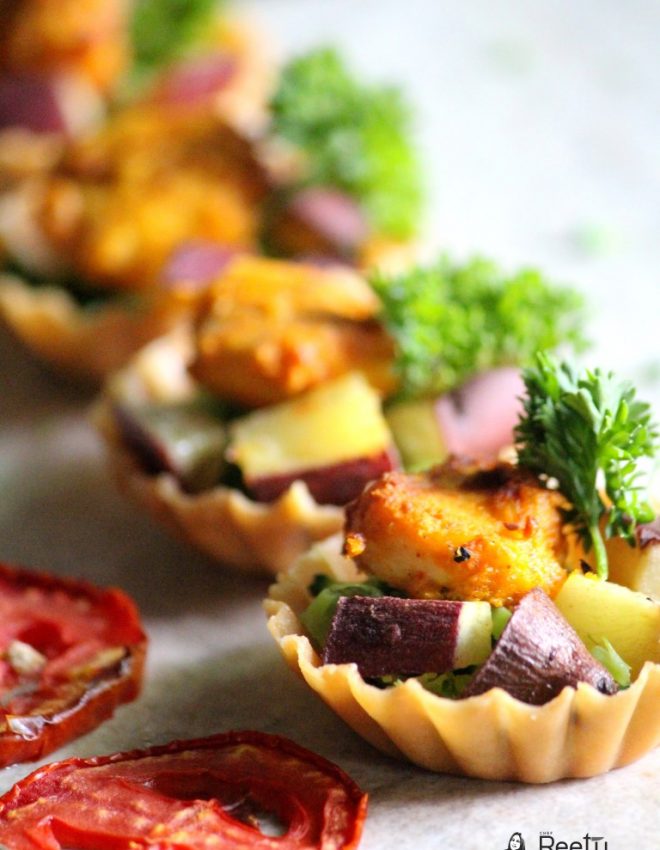 Murgh Aamras, Ratalu and Pesto Tarts