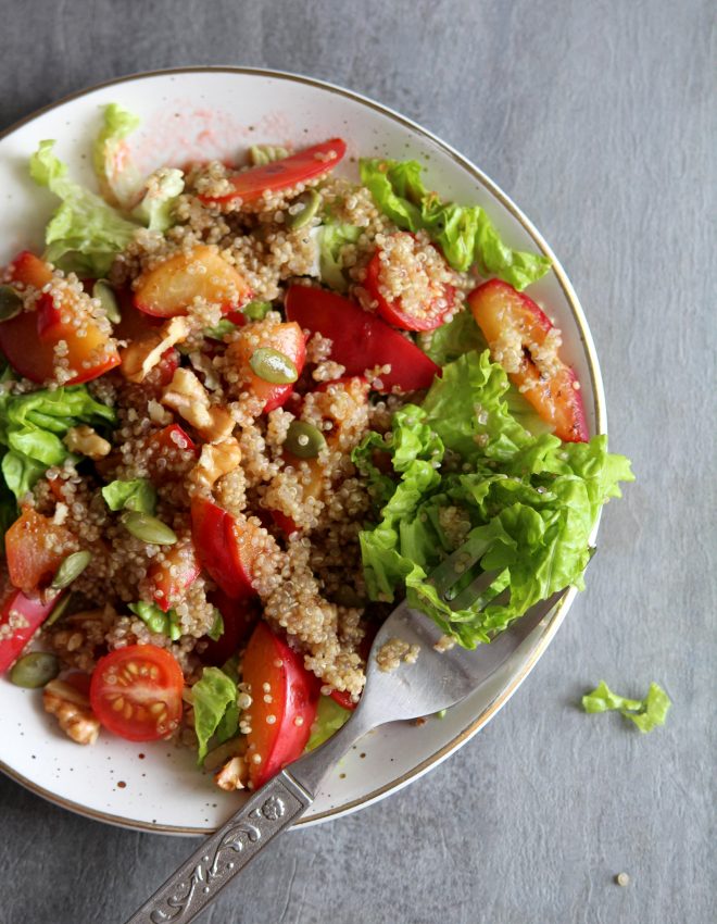 Bourbon Roasted Plum and Quinoa Salad