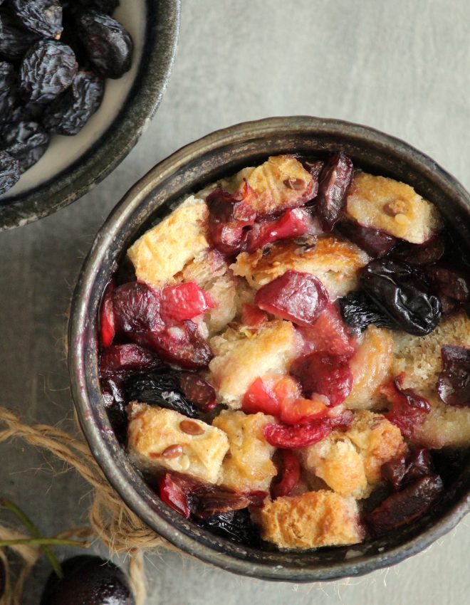 Fresh Cherry and Multigrain Bread Pudding (Eggless)