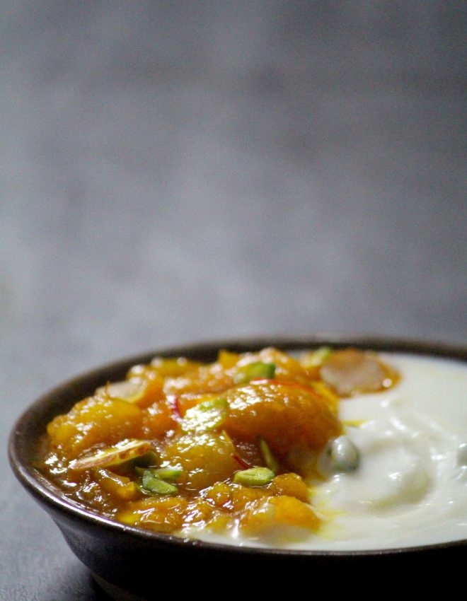 Khubani Ka Meetha aur Elaichi Shrikhand (Apricot pudding with Green Cardamom Shrikhand)