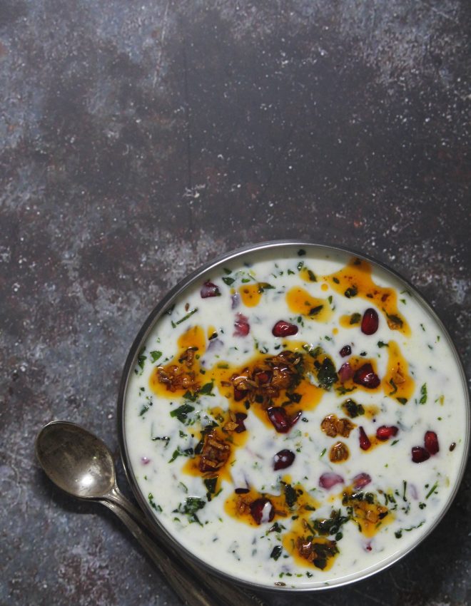 Methi Aur Anar Ka Raita  (Fenugreek Leaves and Pomegranate Pearls in Yogurt)