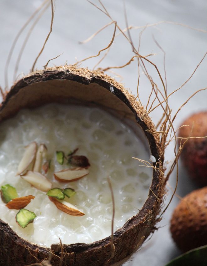 Sago, Lychee and Coconut Pudding (Sabudana, Lychee Aur Nariyal Ki Kheer)